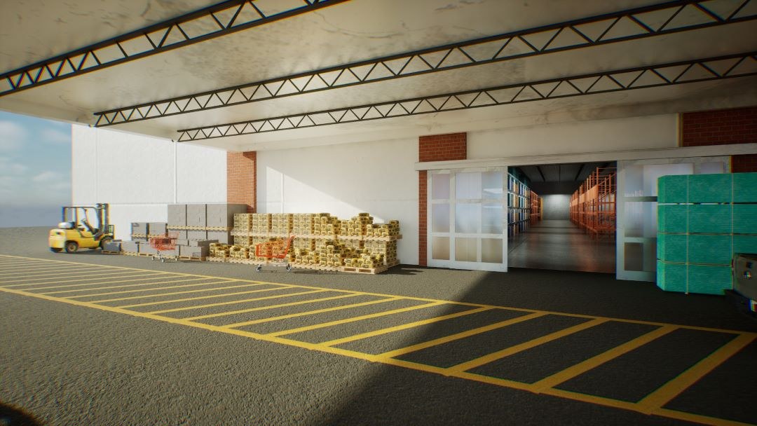 AisleSim: the receiving dock of a simulated store, with pallets of stock and a forklift