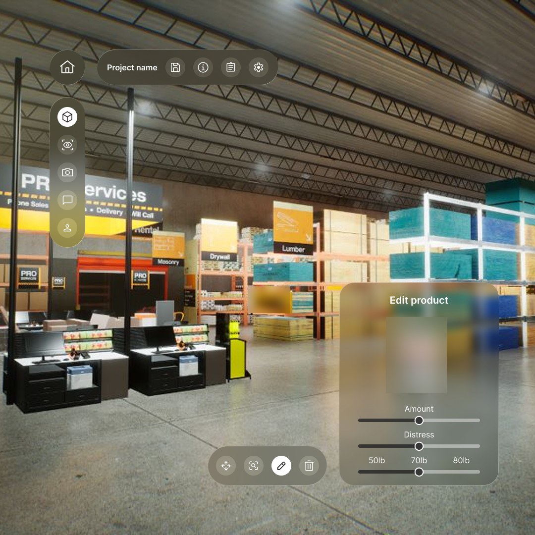 AisleSim: editing a product on a store display, with sliders for amount, wear, and bag size, and tools to move, frame, and remove items