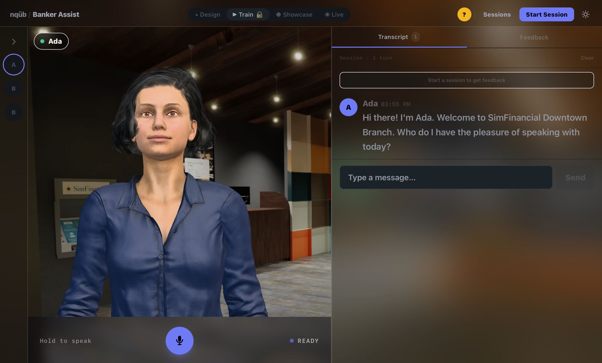 Banker Assist in Train mode: a lifelike banker avatar in a SimFinancial branch lobby, with the conversation transcript beside it