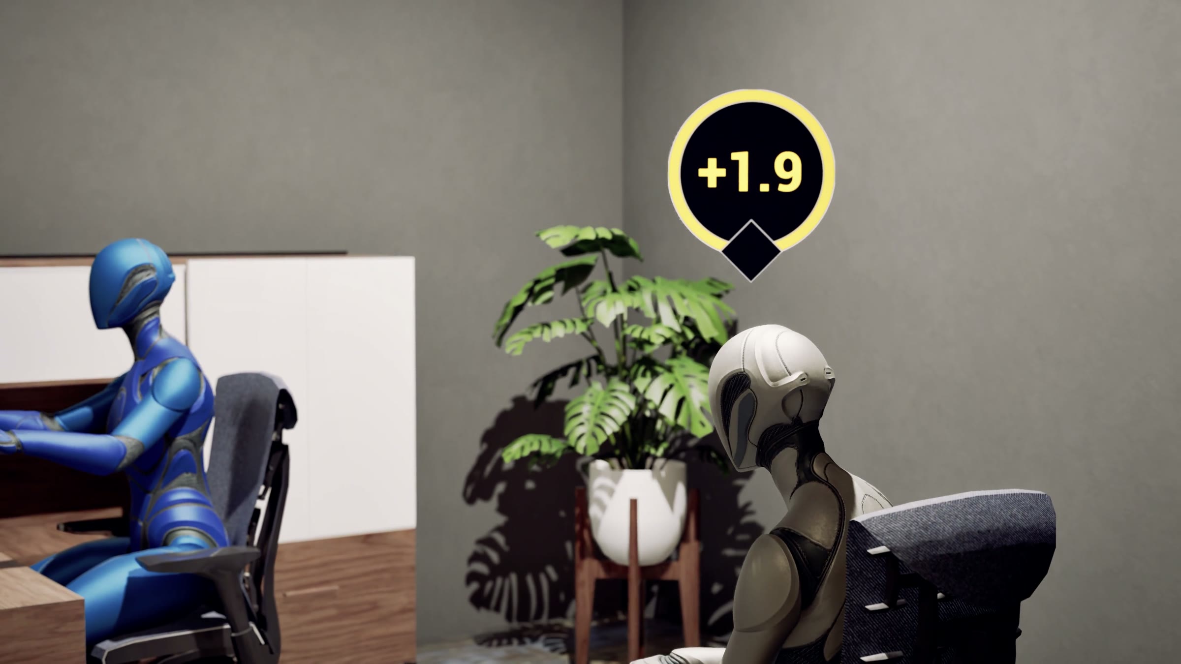 A banker’s office in a SimFinancial branch in the Branch Experience Simulator: a banker at the desk, a persona in the guest chair, and its experience score above it