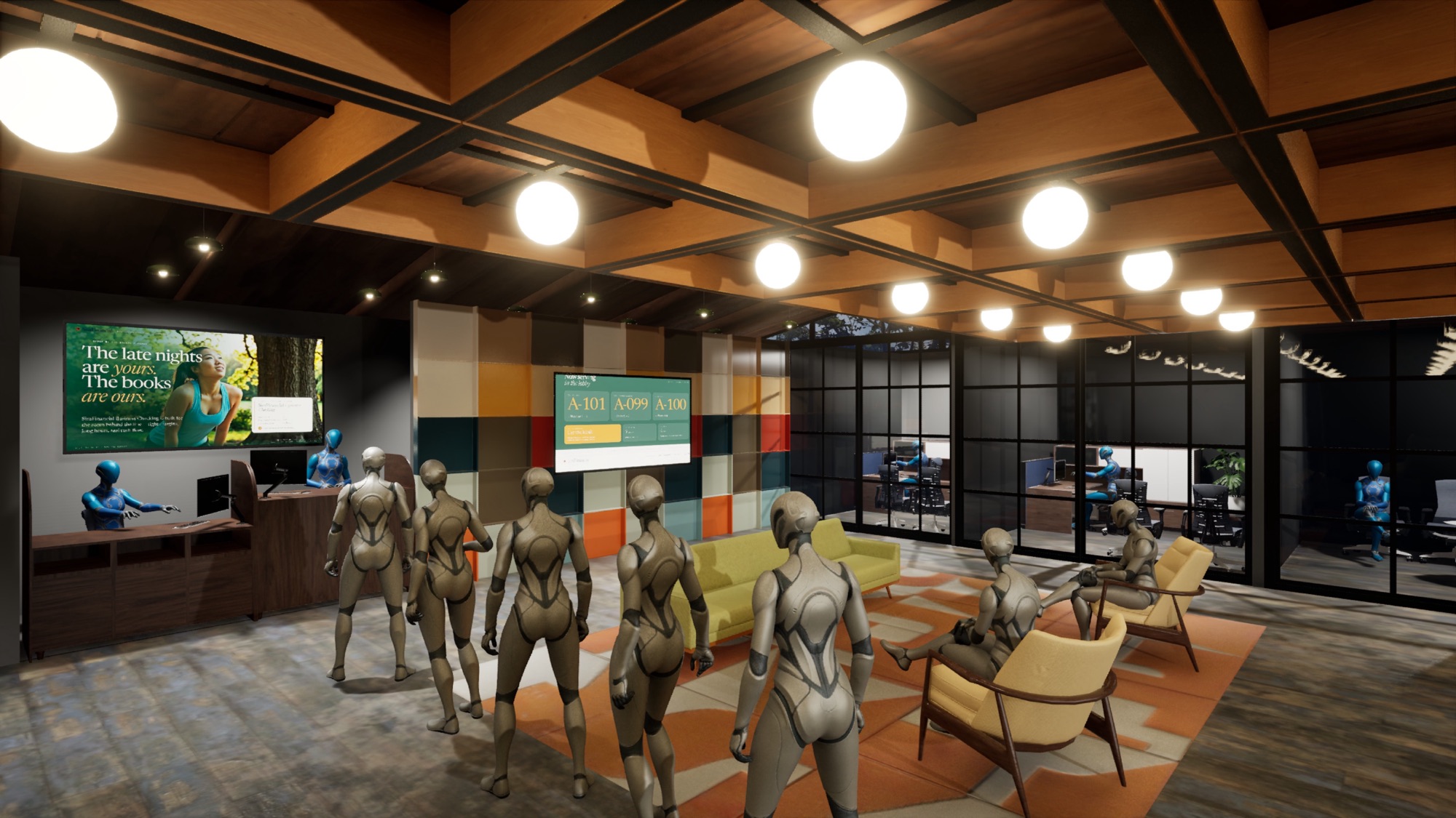Inside the Branch Experience Simulator: a SimFinancial branch with two tellers, a manager, and two relationship bankers at their desks