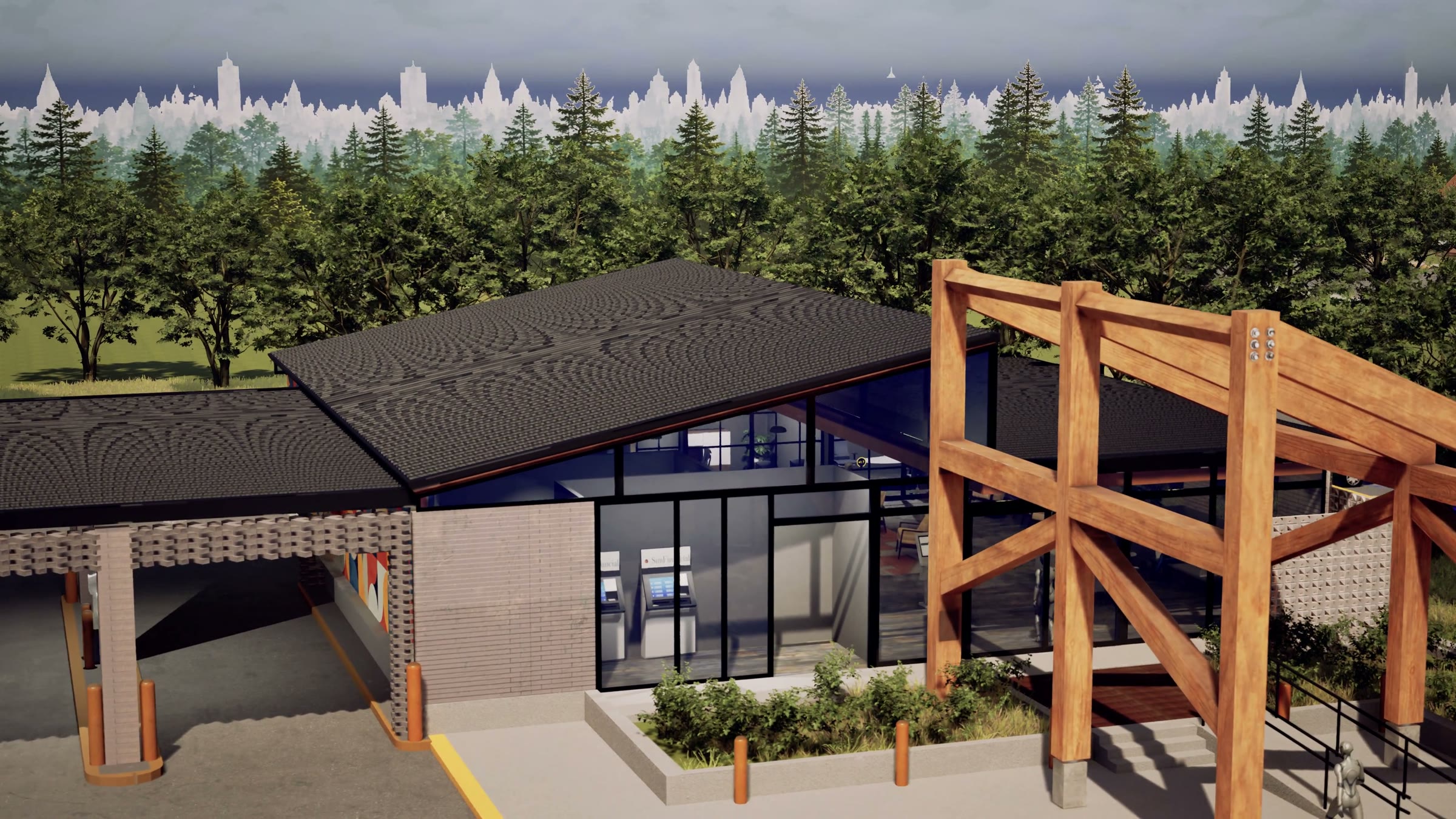 The exterior of a SimFinancial branch in the Branch Experience Simulator: timber canopy, glass front, and drive-up lane among trees