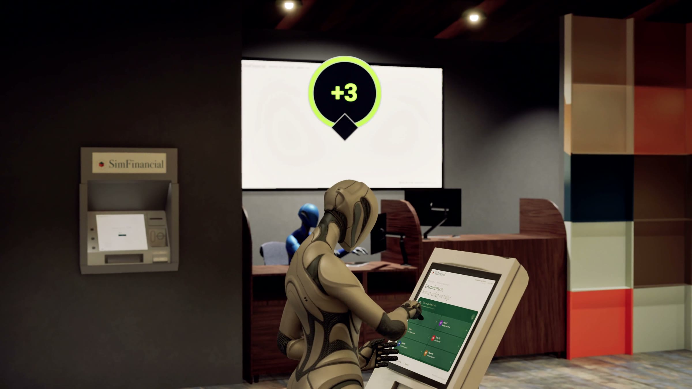 In a SimFinancial branch in the Branch Experience Simulator, a persona uses a check-in kiosk beside a wall ATM; a bubble shows its score rising