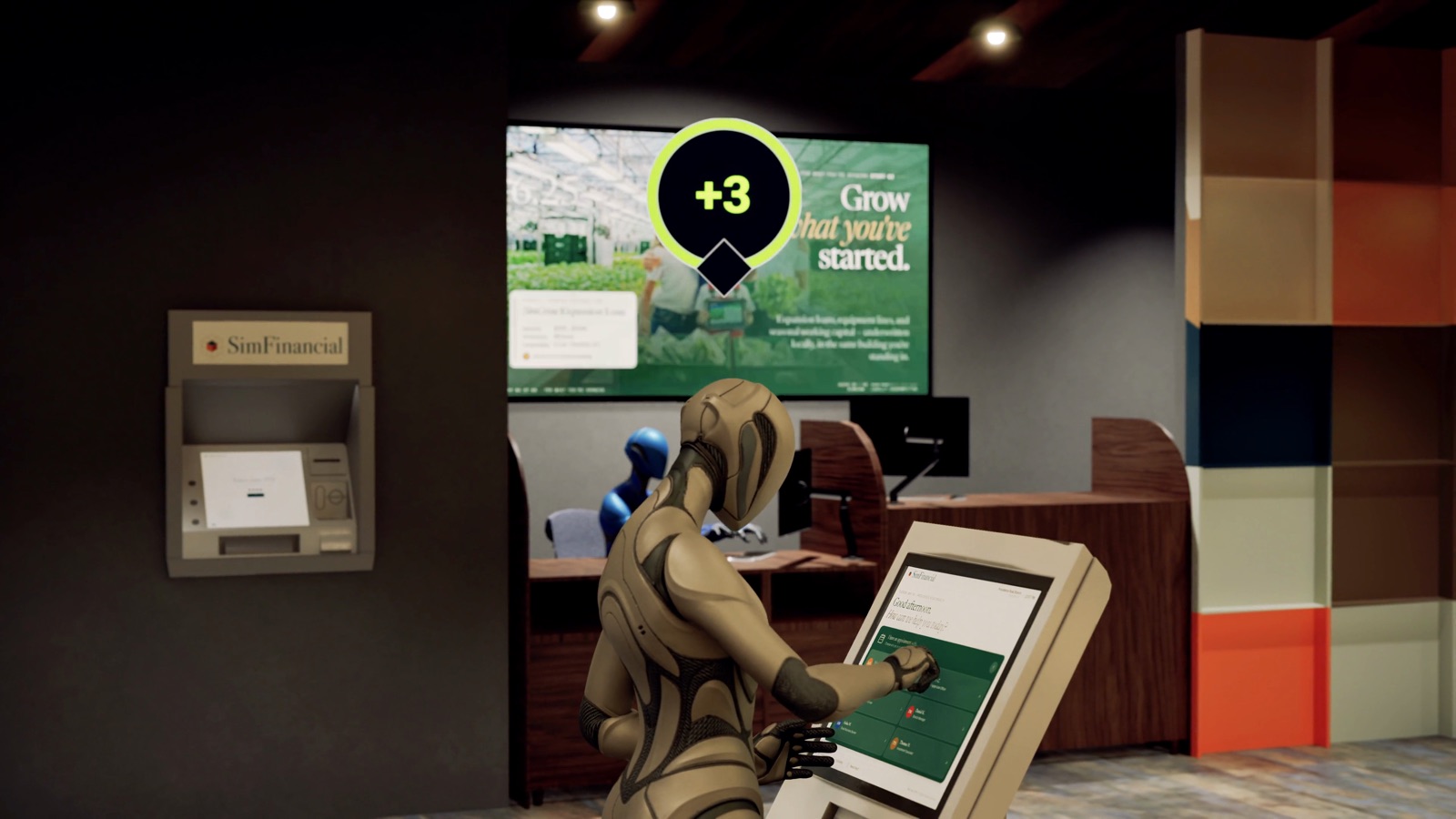 A persona checks in at a kiosk in a SimFinancial branch in the Branch Experience Simulator, with its experience score above it