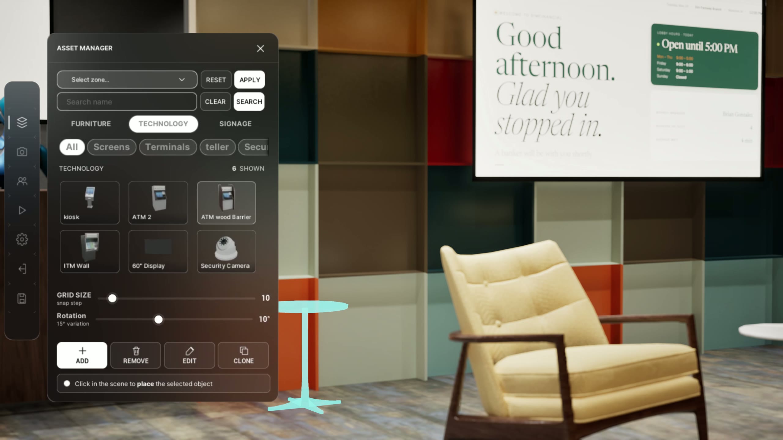 The asset manager of the Branch Experience Simulator in a SimFinancial branch: a technology catalog with ATMs, a kiosk, and a teller cash recycler, beside a lounge chair and welcome signage