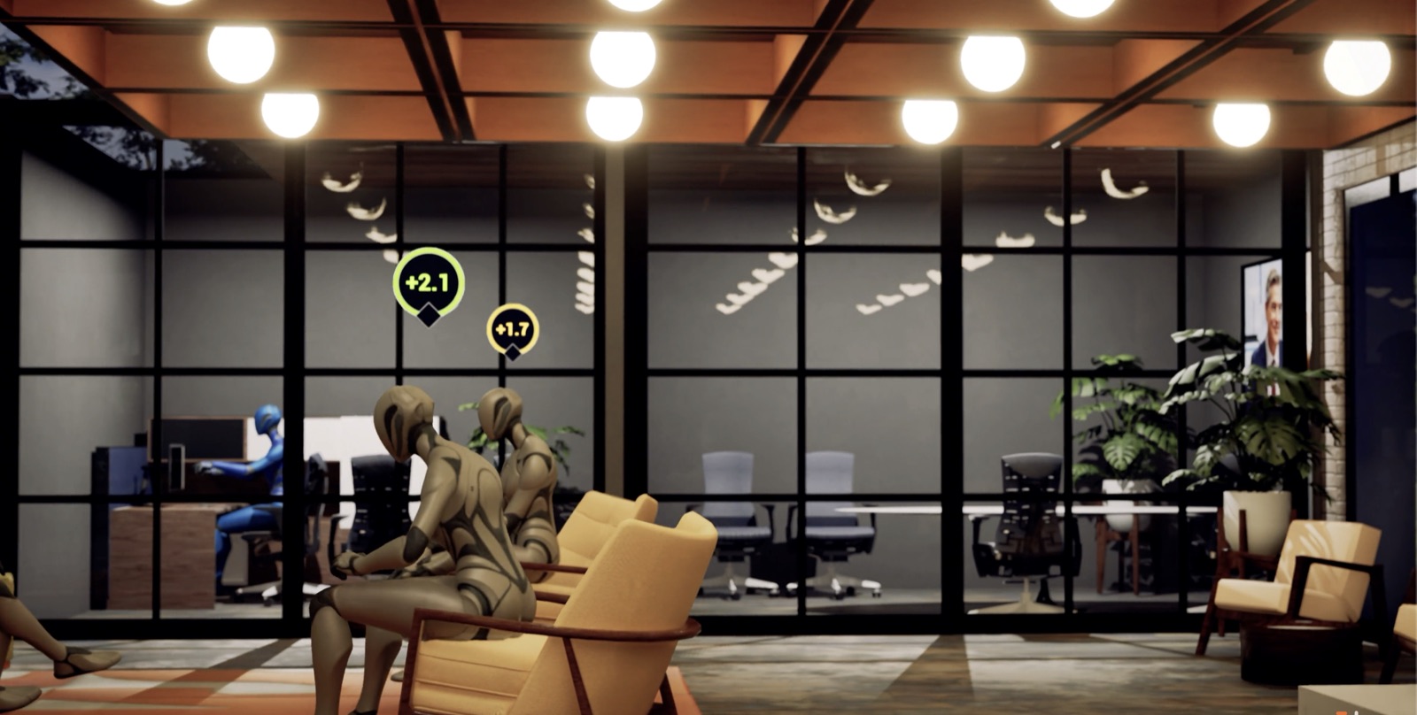 Personas in a SimFinancial branch lobby in the Branch Experience Simulator, each with an experience score above it