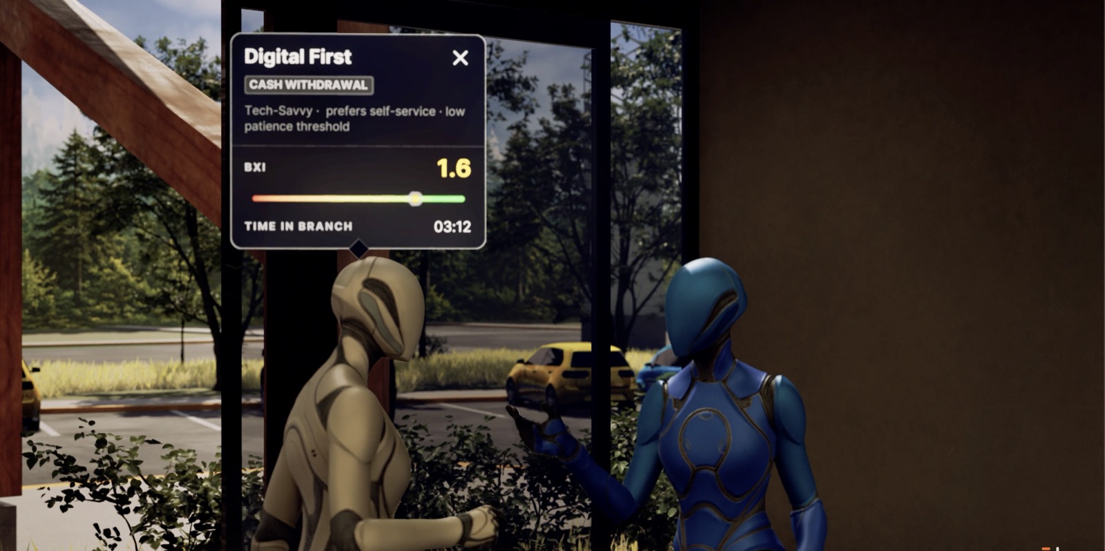A persona in the Branch Experience Simulator with its card: Digital First, prefers self-service, its score and time in branch