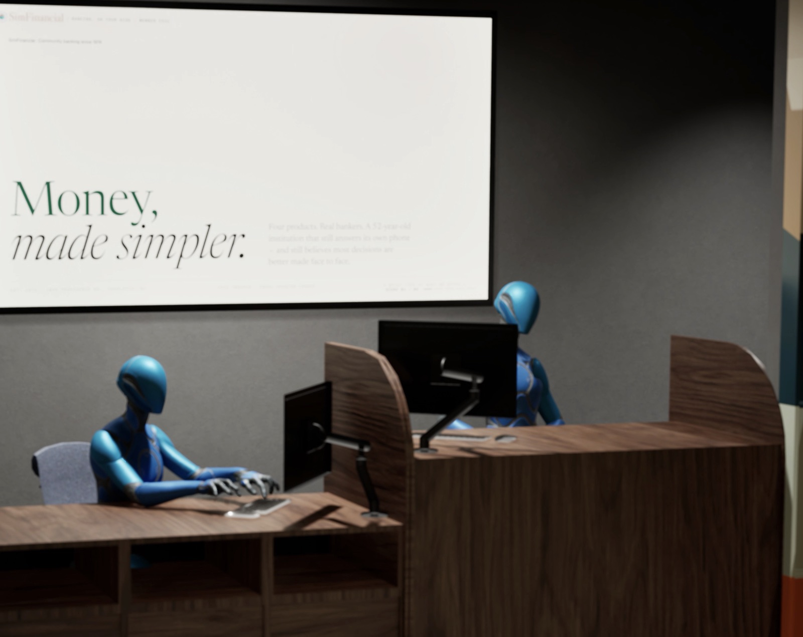 A teller desk in a SimFinancial branch in the Branch Experience Simulator