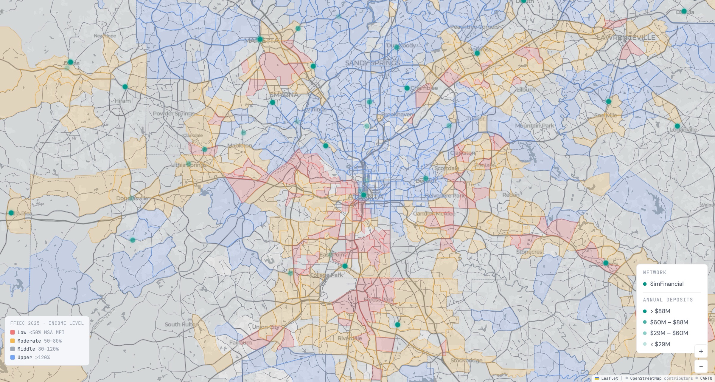 GeoPulse, light theme: SimFinancial branches over FFIEC census tracts colored by income level, Atlanta metro