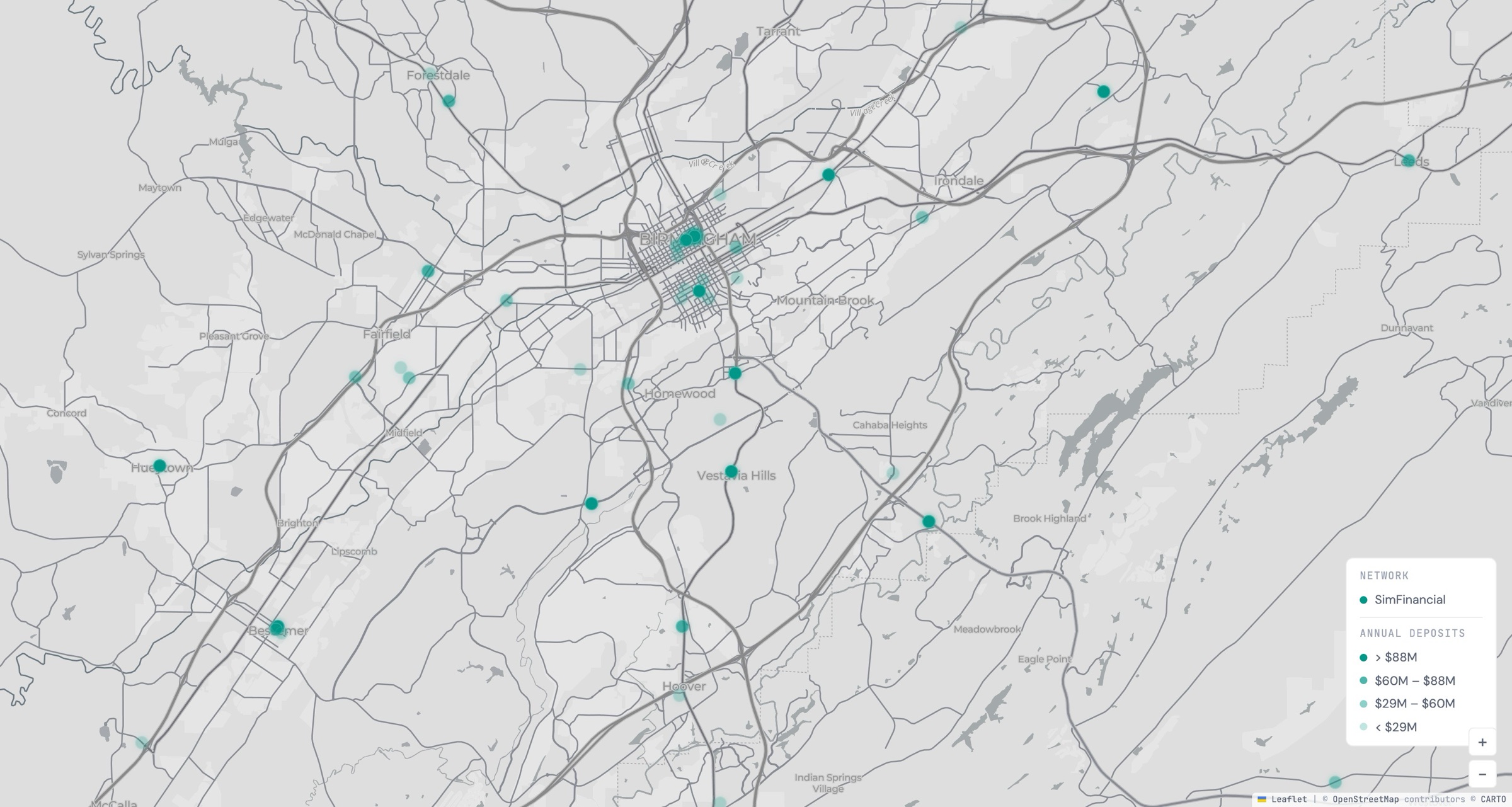 GeoPulse, light theme: individual SimFinancial branches in central Birmingham, colored by deposits