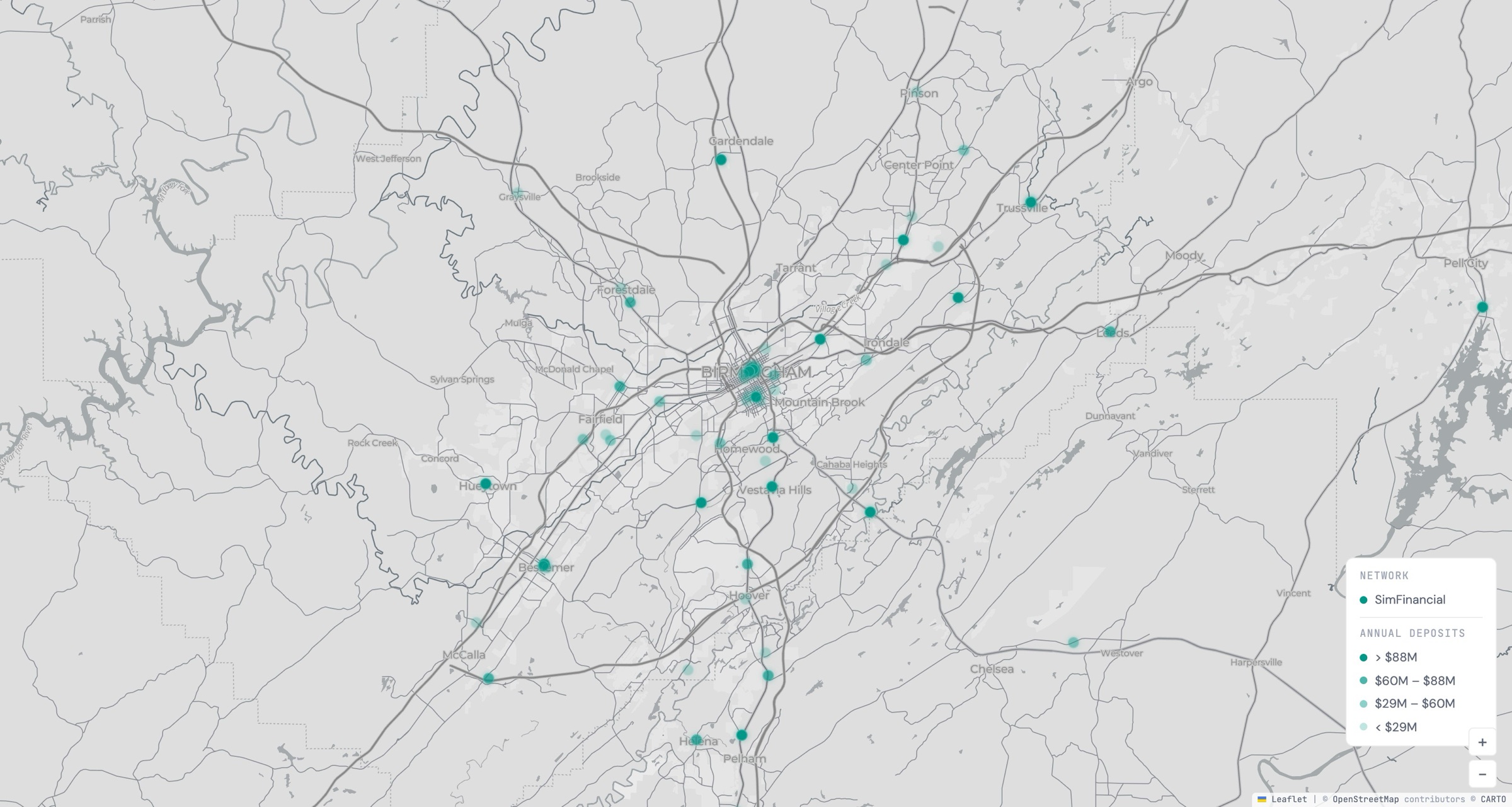 GeoPulse, light theme: SimFinancial branches across the Birmingham metro