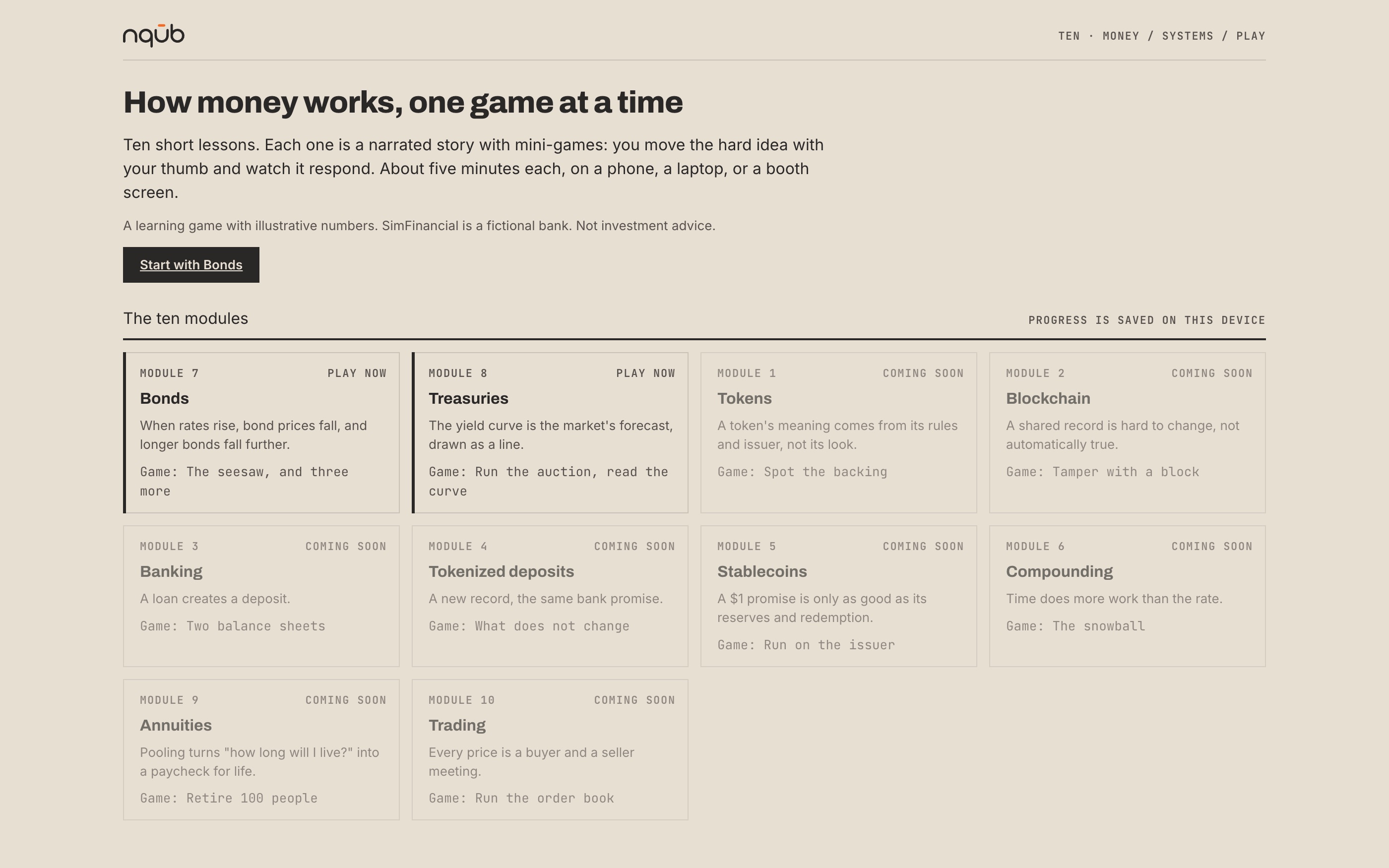The TEN home page: ten short lessons on how money works, each a narrated story with mini-games